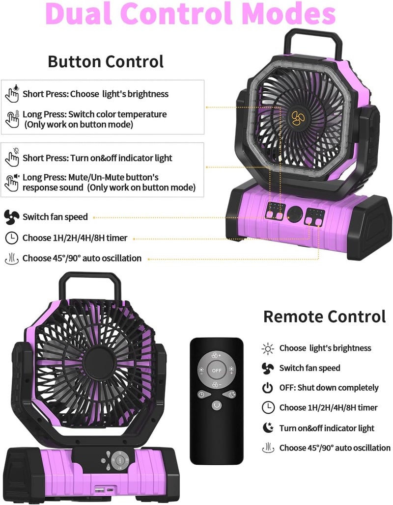 Adust Camping Battery Operated Powered Fan with LED Lantern Light Portable 20000mAh Rechargeable Oscillating Fan with 360° Rotation Hanging Hook for Tents, Cordless USB Desk Fan(Pink) - Image 5